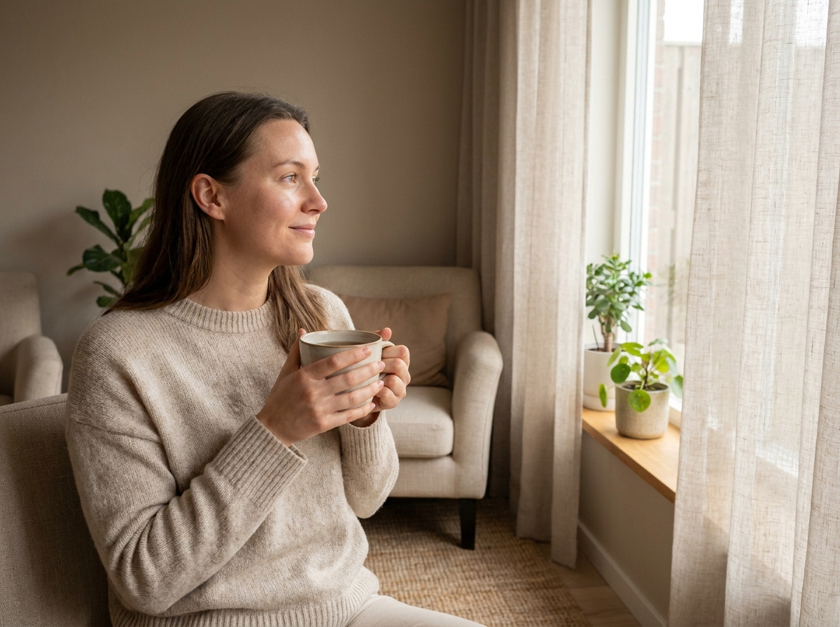 A woman in her fifties calm and restored, holding a cup of tea by a sunlit window