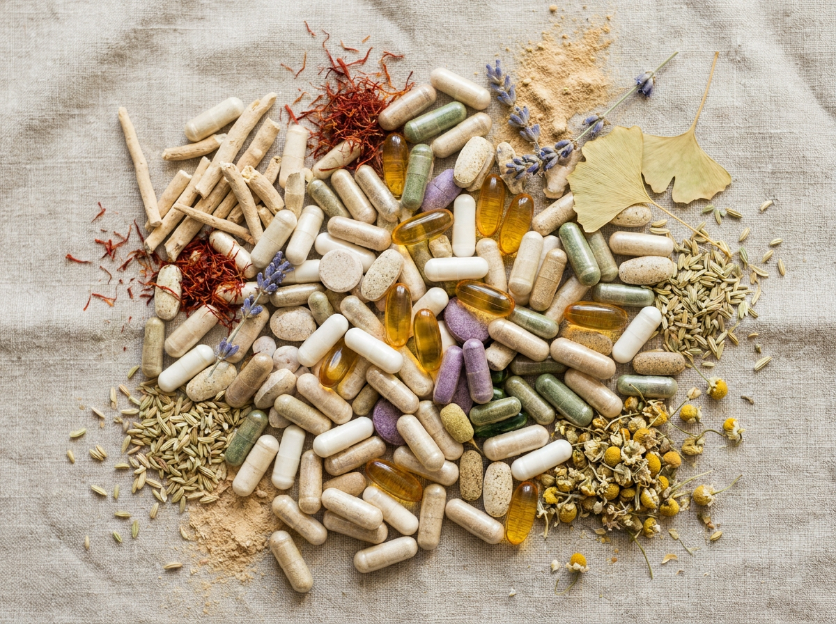 Saffron, ashwagandha, ginkgo and vitamin capsules on linen