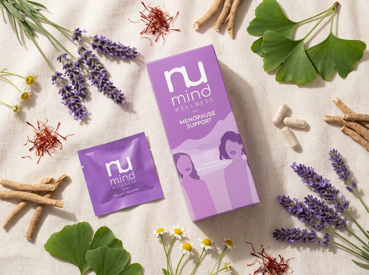 Nu Mind Menopause Support sachet with botanical ingredients