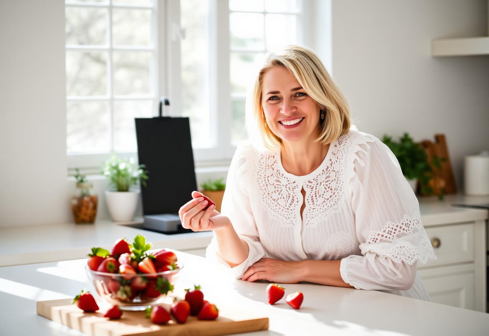 Kelly Hutson in her kitchen with a bowl of fresh strawberries